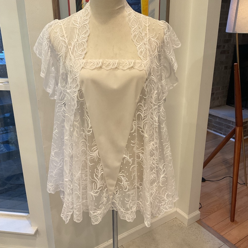 Bob Mackie White Lace Overlay Top with Satin Panel
